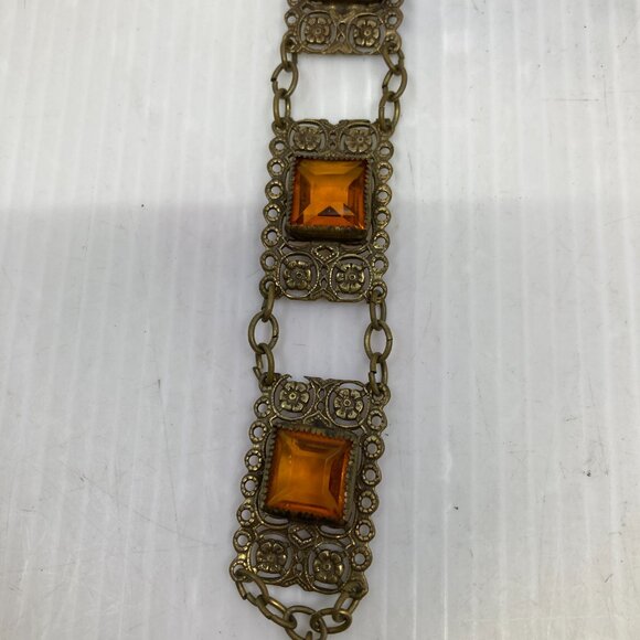 Vtg 1920s MAX NEIGER ? panel topaz glass brass filigree art deco bracelet - Picture 2 of 3